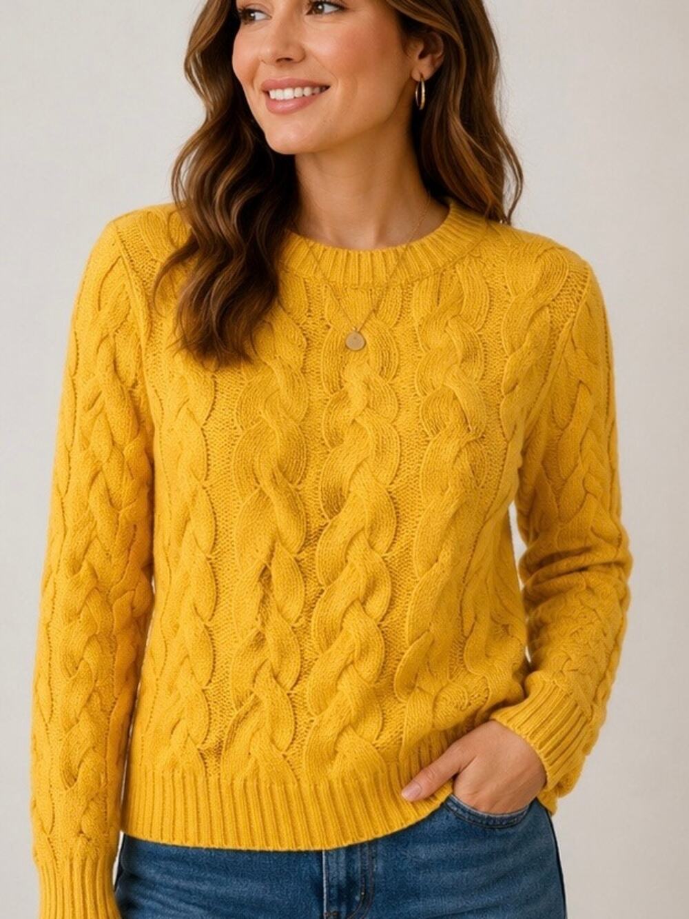 Lands' End Drifter Cable Knit Sweater Sunflower Yellow Cotton Size Small